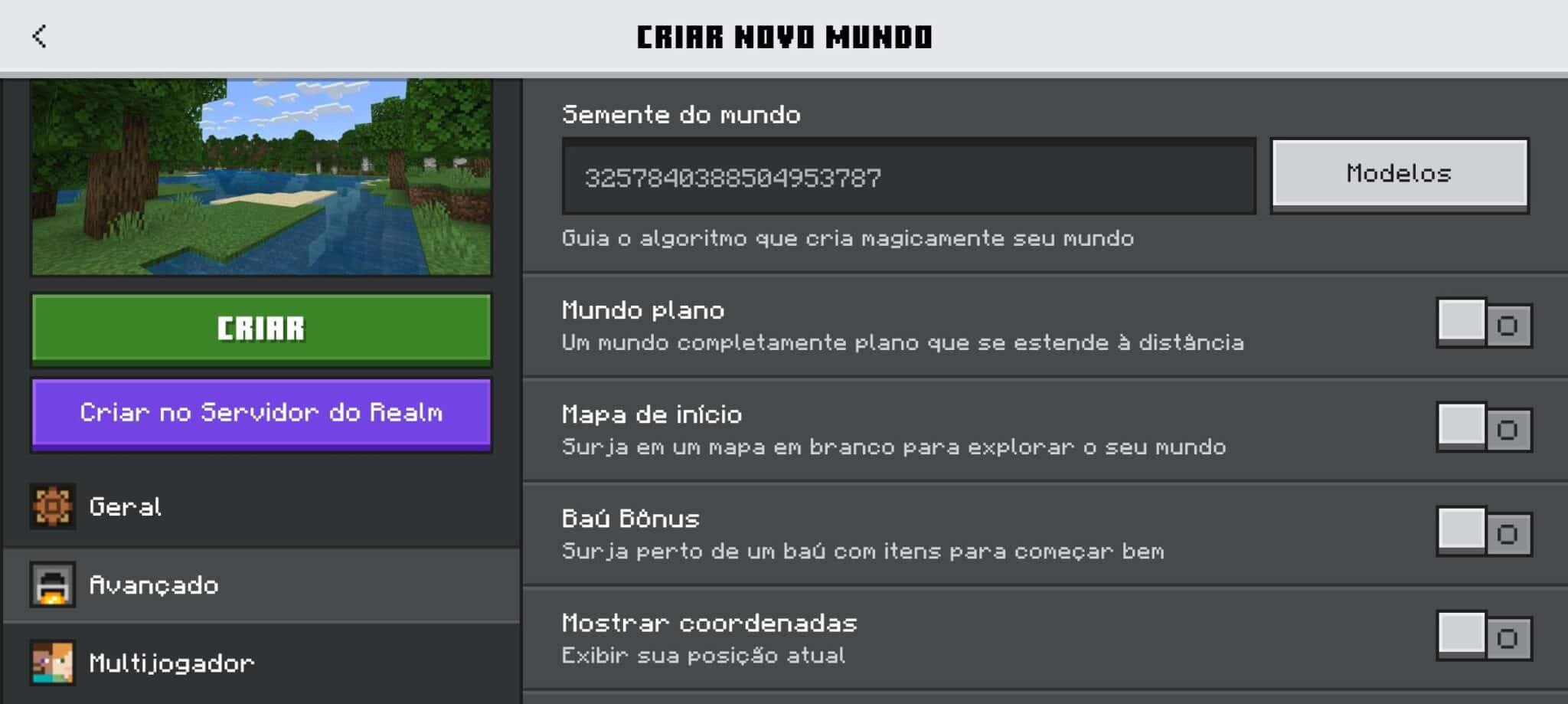 Foto da interface de gerenciamento da cria&ccedil;&atilde;o de mundo no Minecraft. (Divulga&ccedil;&atilde;o / Internet)