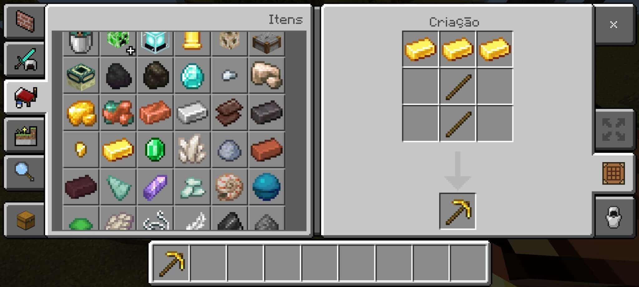 Foto da interface do jogo Minecraft, sendo relacionada ao tema Picareta Minecraft. (Divulga&ccedil;&atilde;o / Internet)