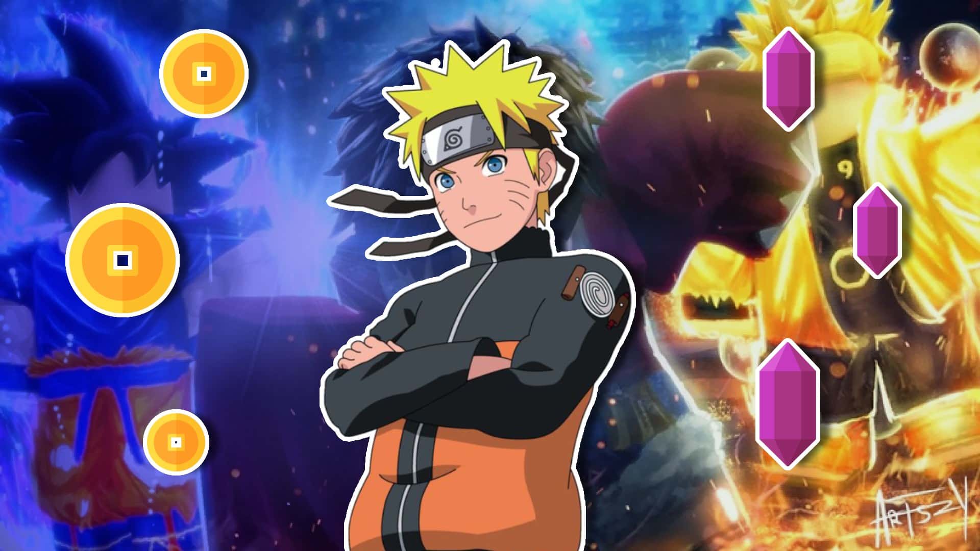 Foto ilustrativa para codes Anime Fighting Simulator, com destaque para o personagem Naruto e recompensas do game.
