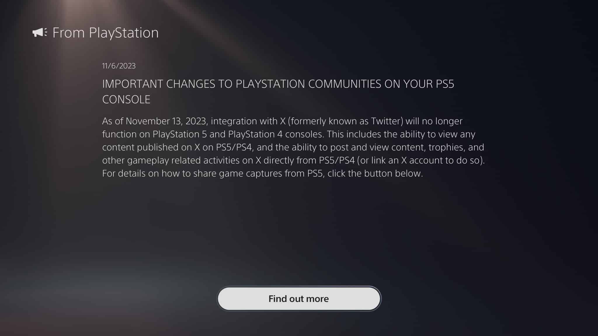 Print da nota de an&uacute;ncio do fim do suporte ao Twitter em consoles PlayStation