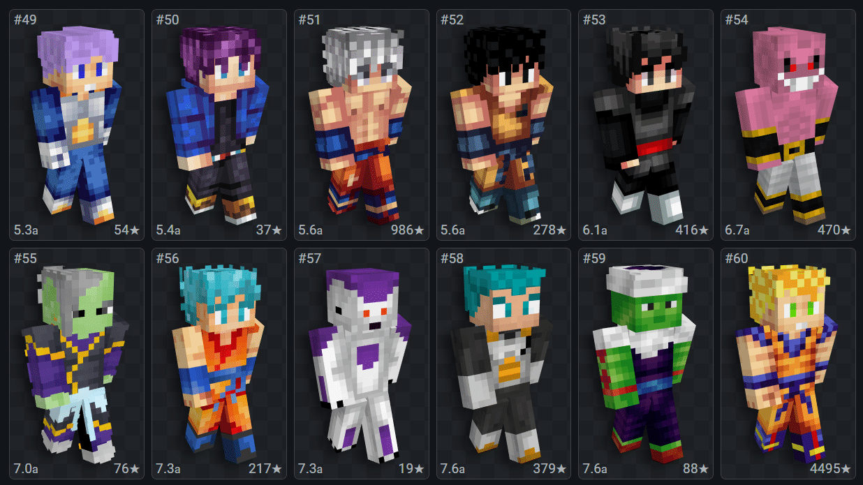 Foto da interface do site NameMC, sobre o tema Skin de Dragon Ball. (Divulga&ccedil;&atilde;o / Internet)