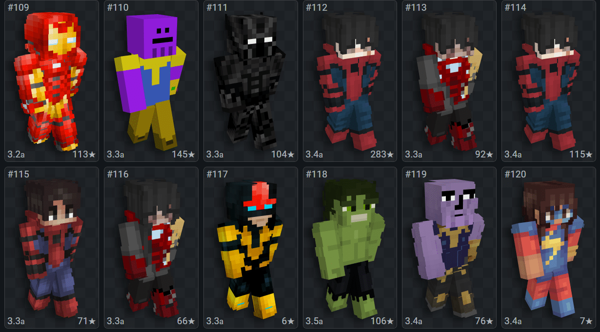 Foto da interface do site NameMC, sobre o tema Skin da Marvel. (Divulga&ccedil;&atilde;o / Internet)