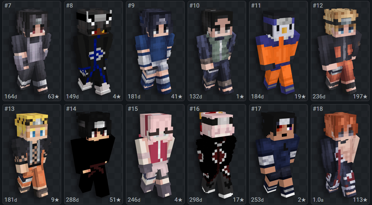 Foto da interface do site NameMC, sobre o tema Skin de Naruto. (Divulga&ccedil;&atilde;o / Internet)