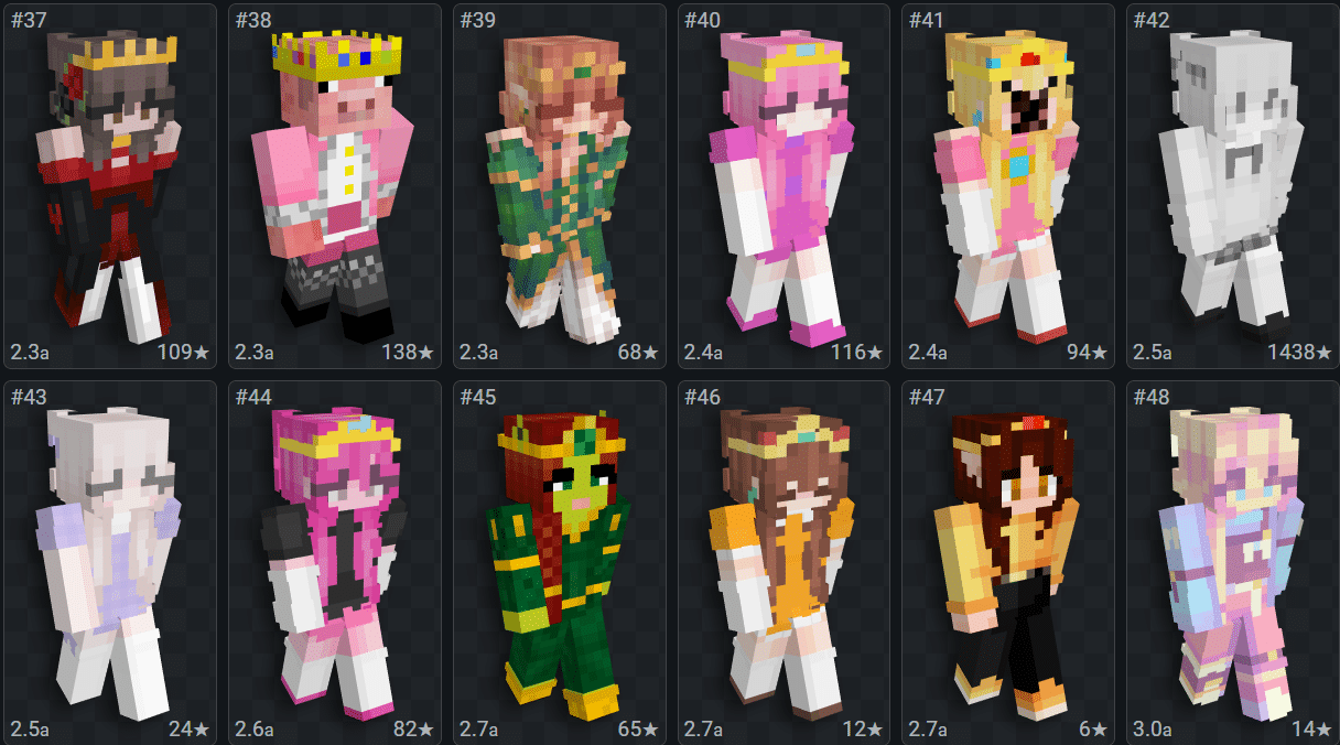 Foto da interface do site NameMC, sobre o tema skins de princesas. (Divulga&ccedil;&atilde;o / Internet)