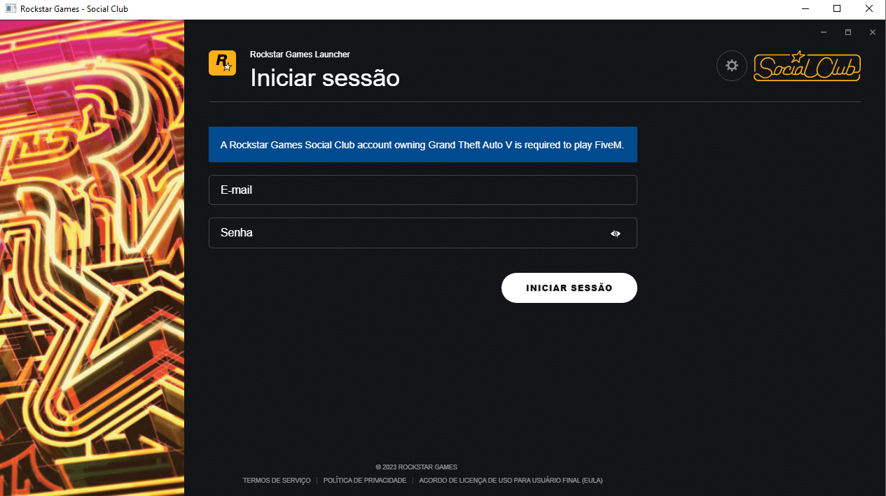 Imagem da p&aacute;gina de iniciar sess&atilde;o no Social Club, com caixas de texto para inserir o e-mail e senha. 