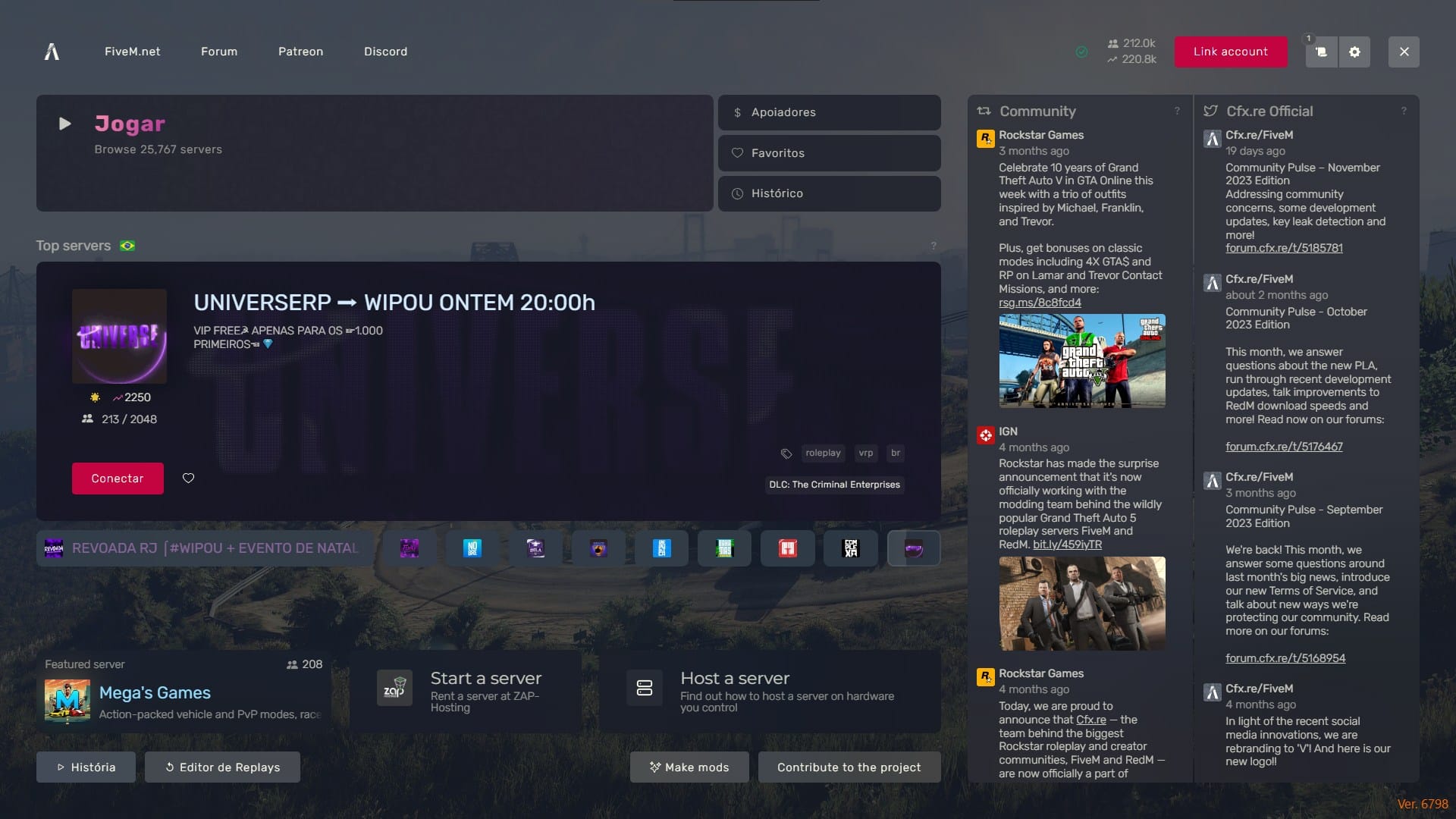 Imagem da interface principal do launcher do FiveM. (Divulga&ccedil;&atilde;o / FiveM)