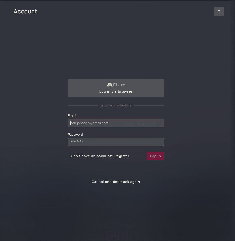 Tela de login e cadastro de conta no FiveM. (Divulga&ccedil;&atilde;o / FiveM)
