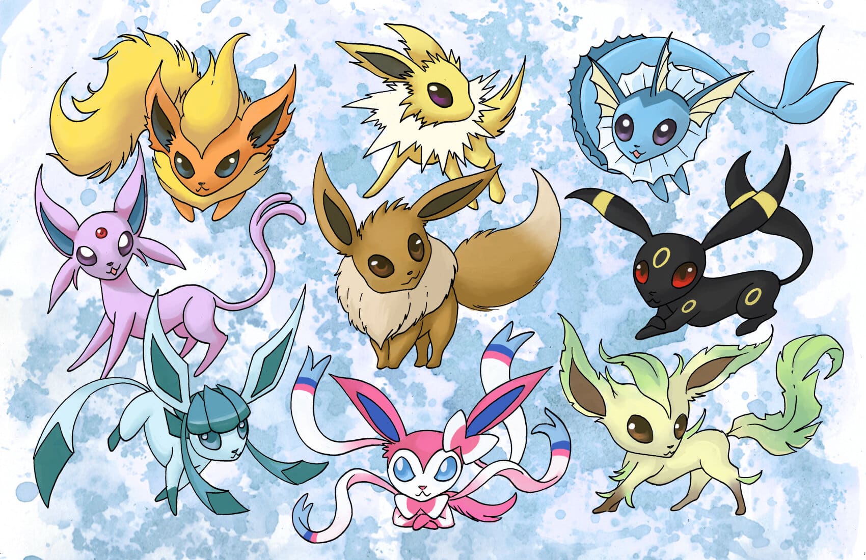 Imagem art&iacute;stica de todas as evolu&ccedil;&otilde;es Eevee de Pok&eacute;mon. (Divulga&ccedil;&atilde;o / Internet)