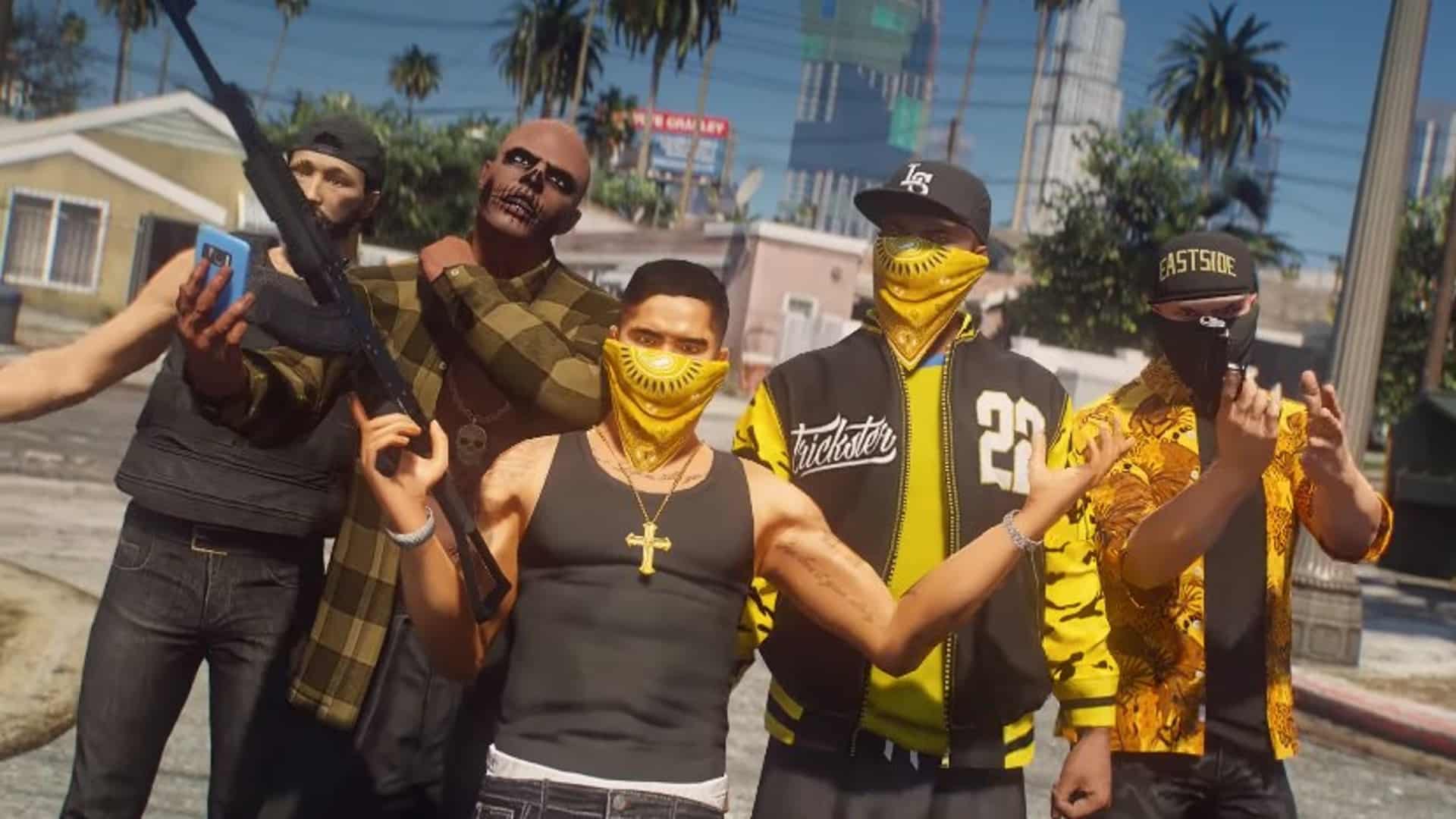 Imagem de 5 jogadores de gangues do GTA RP, introduzindo +1200 nomes para GTA RP. 