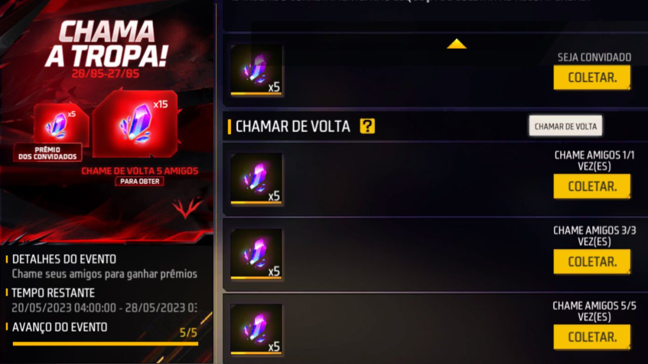 Imagem do evento "CHAMA A TROPA!" de Free Fire, introduzindo "chamar amigo de volta Free Fire". (Divulga&ccedil;&atilde;o / Internet)