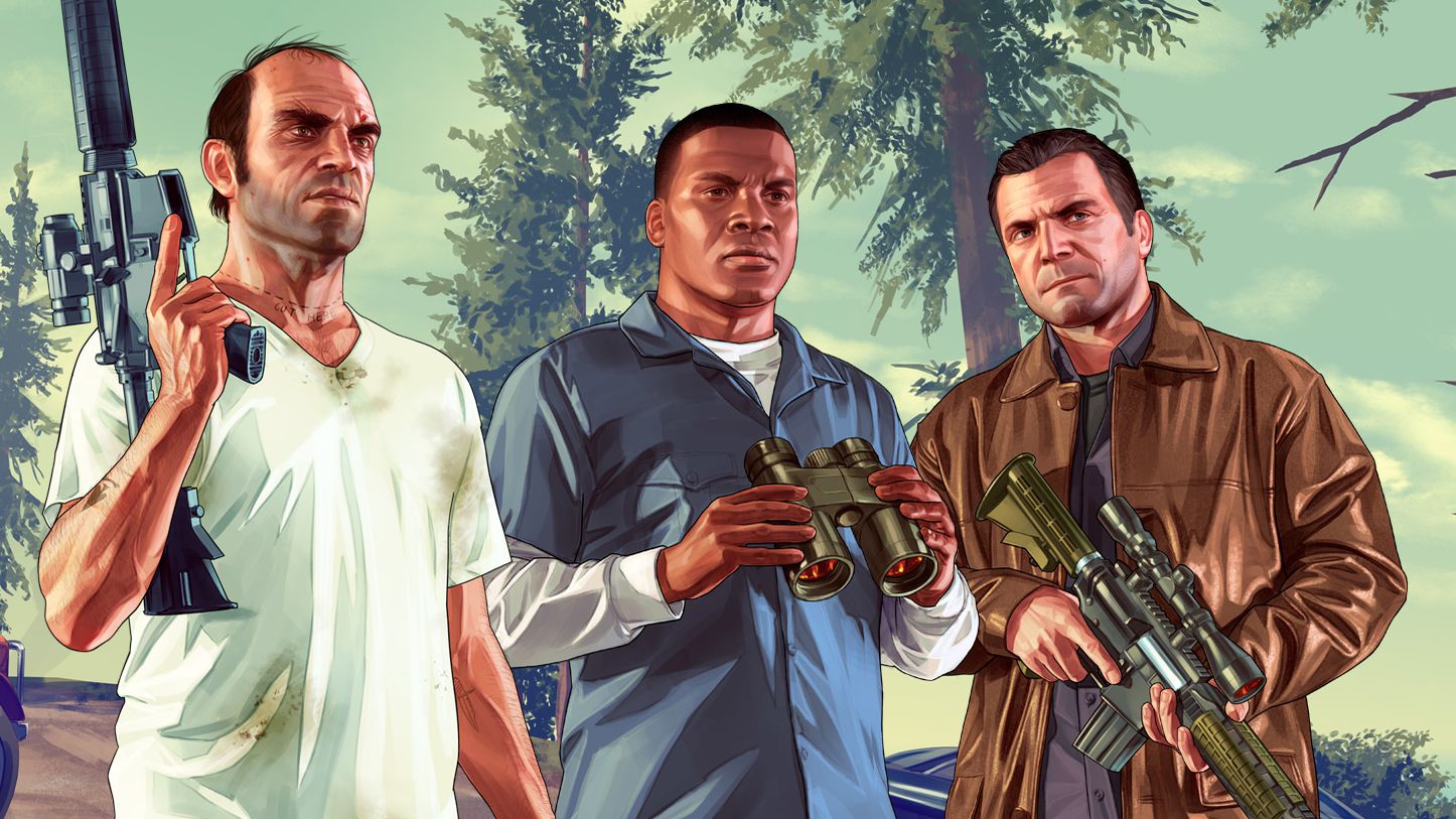 Imagem oficial dos tr&ecirc;s protagonistas de GTA 5.