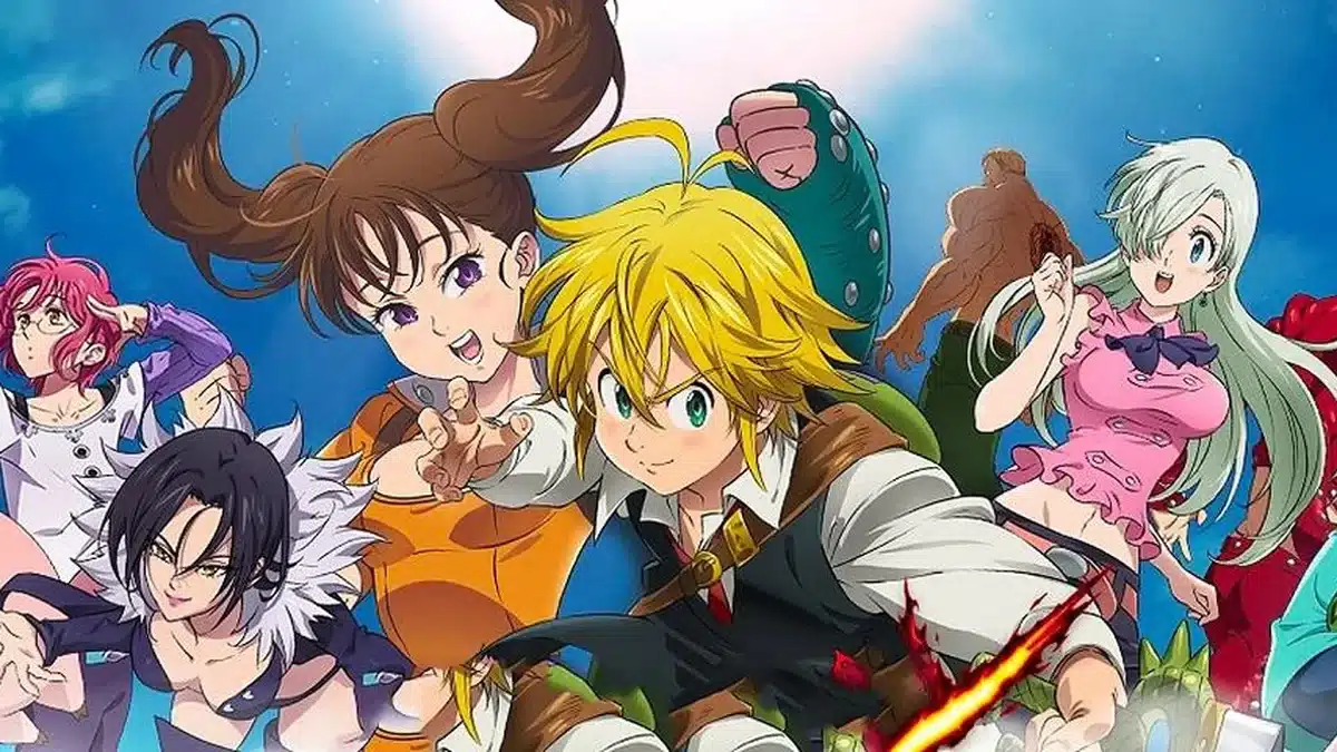 Imagem oficial do anime Nanatsu no Taizai e seus personagens principais.