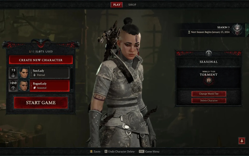 Screenshot de Diablo IV com a data de lan&ccedil;amento da Temporada 3