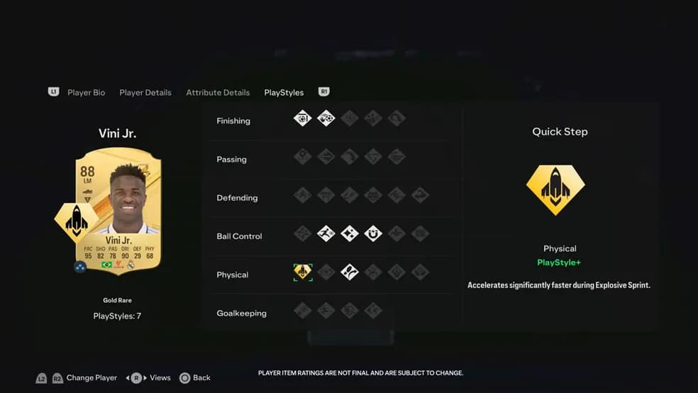 Screenshot dos PlayStyles de Vinicius Jr. em EA SPORTS FC 24