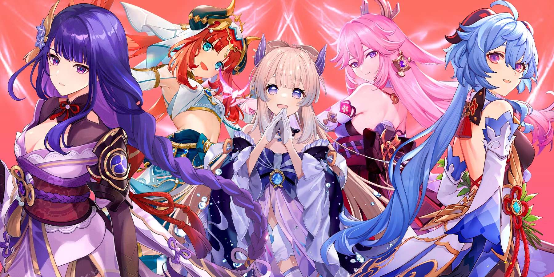 Imagem art&iacute;stica das respectivas personagens 5 estrelas de Genshin Impact: Shogun Raiden, Nilou, Kokomi, Yae Miko e Ganyu. (Divulga&ccedil;&atilde;o / Internet)