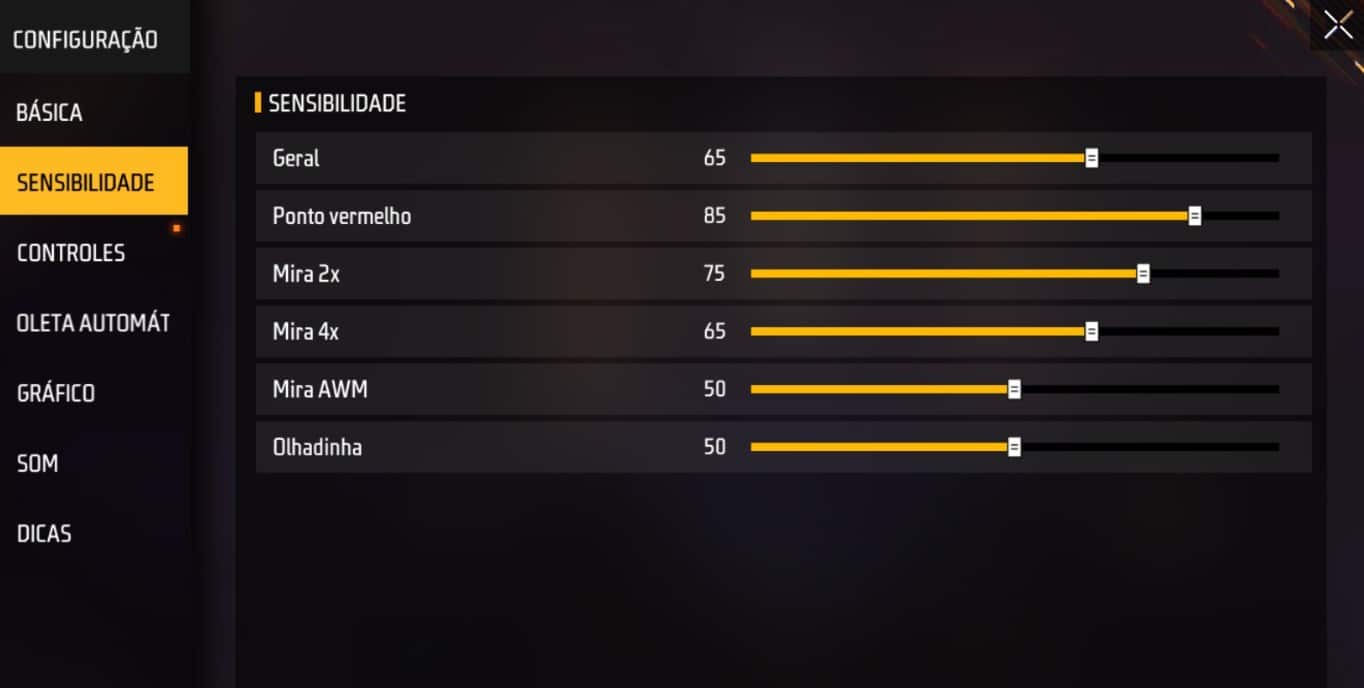 Imagem da aba de Configura&ccedil;&otilde;es de Sensibilidade do Free Fire. 