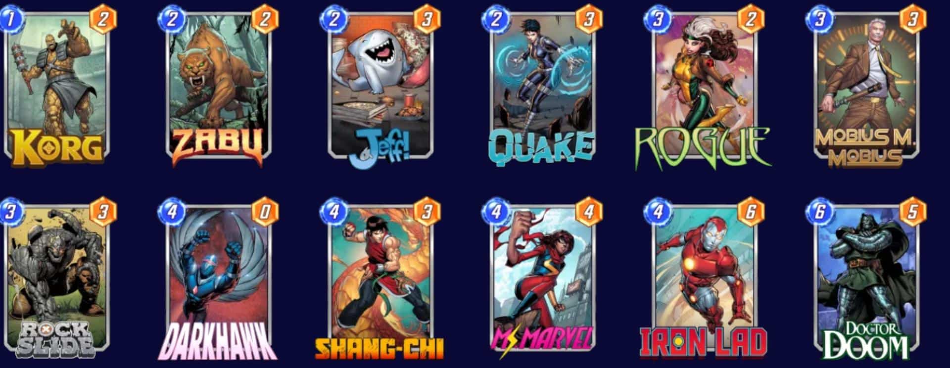 Foto das cartas inclusas no deck Darkhawk de Marvel Snap.