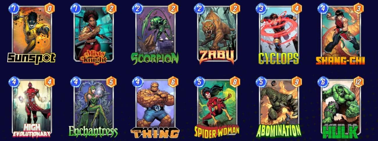 Imagem do deck "Puro Evolucion&aacute;rio" de Marvel Snap.