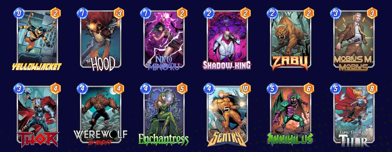 Foto das cartas que fazem parte do deck Annihilus e Thor de Marvel Snap.