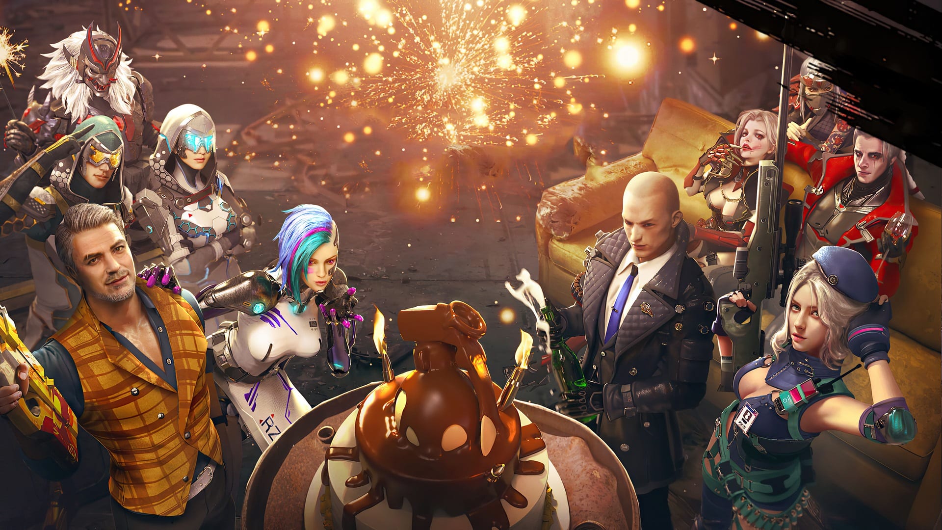 Imagem de comemora&ccedil;&atilde;o de Free Fire, com personagens populares do jogo.