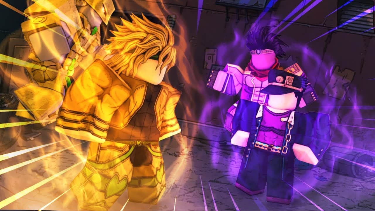 Foto de dois personagens principais de JoJo em YBA (Your Bizarre Adventure). Introduzindo YBA Codes.