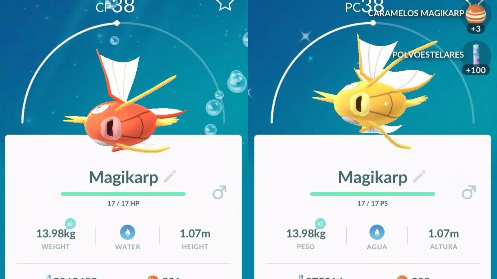 Imagem de um Magikarp comum e um Magikarp Shiny. (Divulga&ccedil;&atilde;o / Internet)