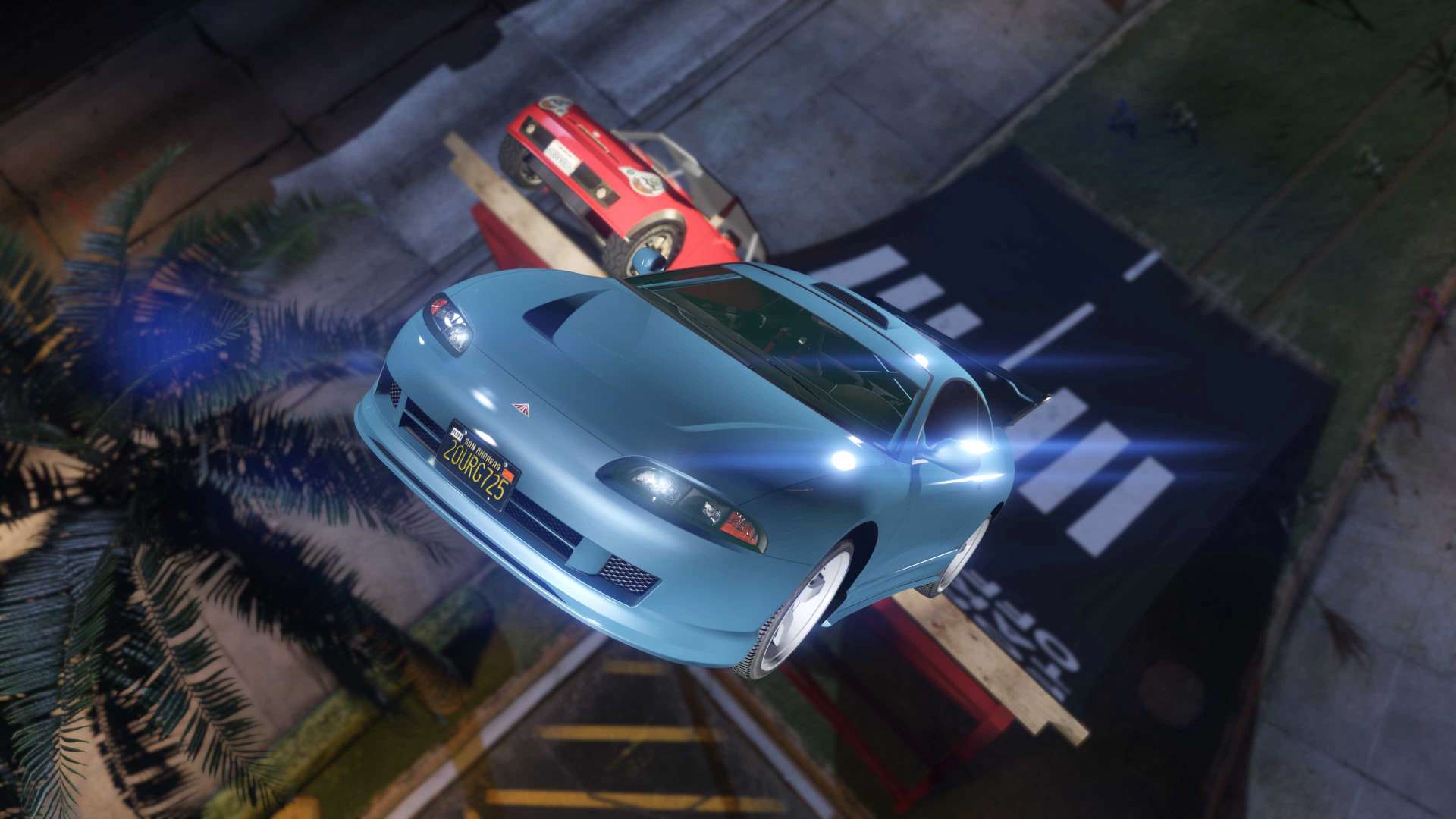 Imagem de um carro saltando em uma rampa no GTA 5, podendo causar um problema grave de Power Gaming no RP, introduzindo o que &eacute; Power Gaming no GTA RP. (Divulga&ccedil;&atilde;o / Rockstar Games)