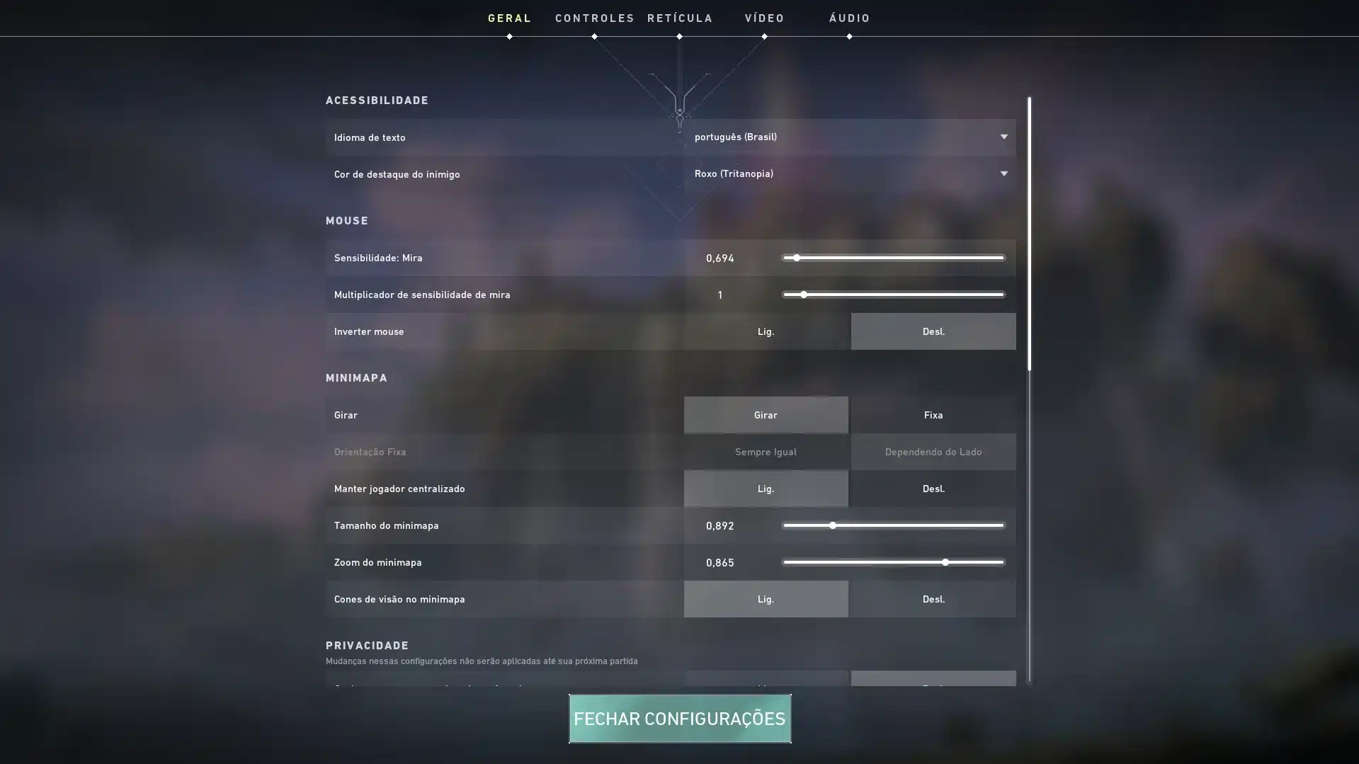 Foto da aba de configura&ccedil;&otilde;es da sensibilidade de Valorant. (Divulga&ccedil;&atilde;o / Internet)