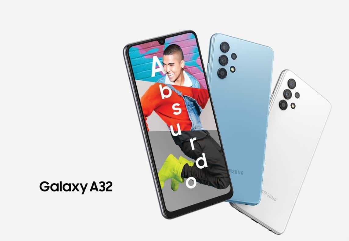 Imagem de lan&ccedil;amento do celular Galaxy A32.