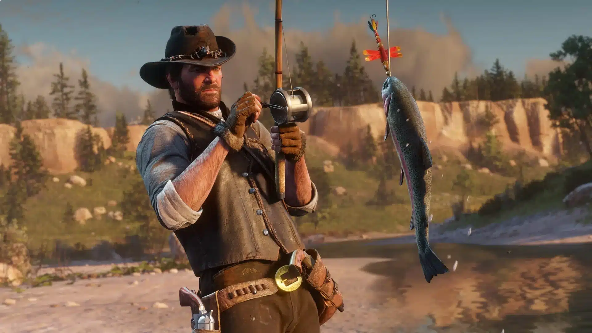 Foto do protagonista Arthur Morgan pescando em Red Dead Redemption 2.