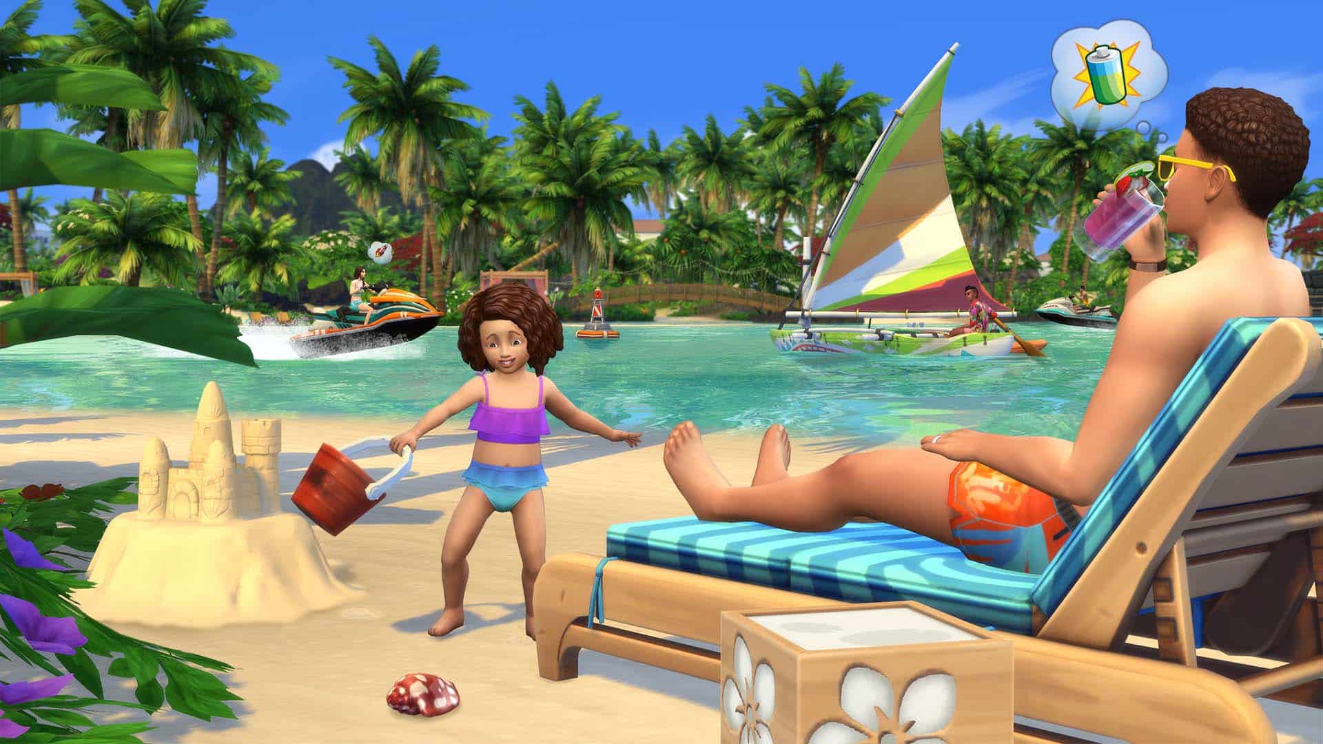 Imagem de dois Sims curtindo a vida na Ilha Tropical, a nova DLC de The Sims 4.