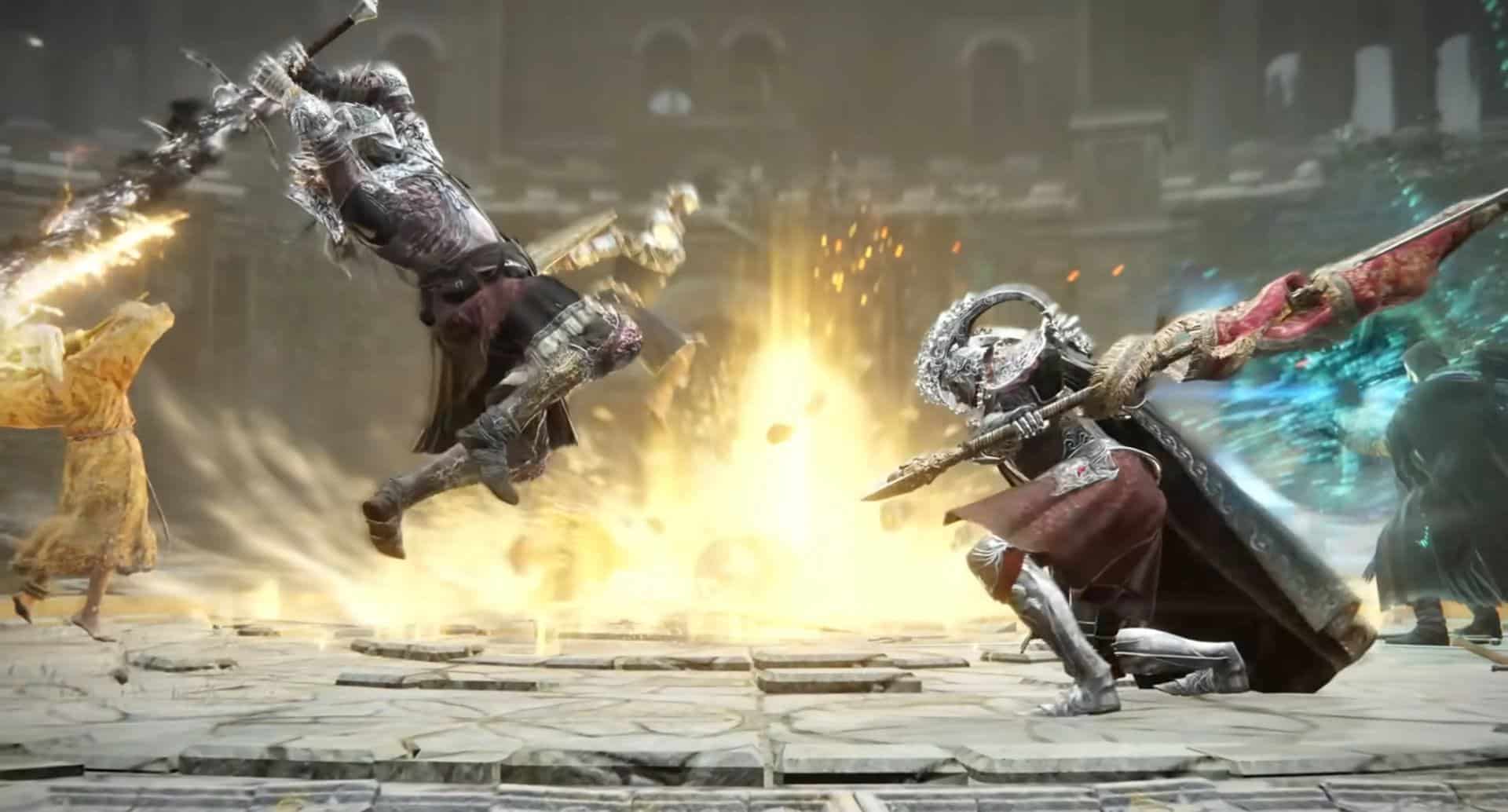 Imagem de diversos jogadores lutando no PvP de Elden Ring. Introduzindo quais s&atilde;o as melhores armas de Elden Ring.