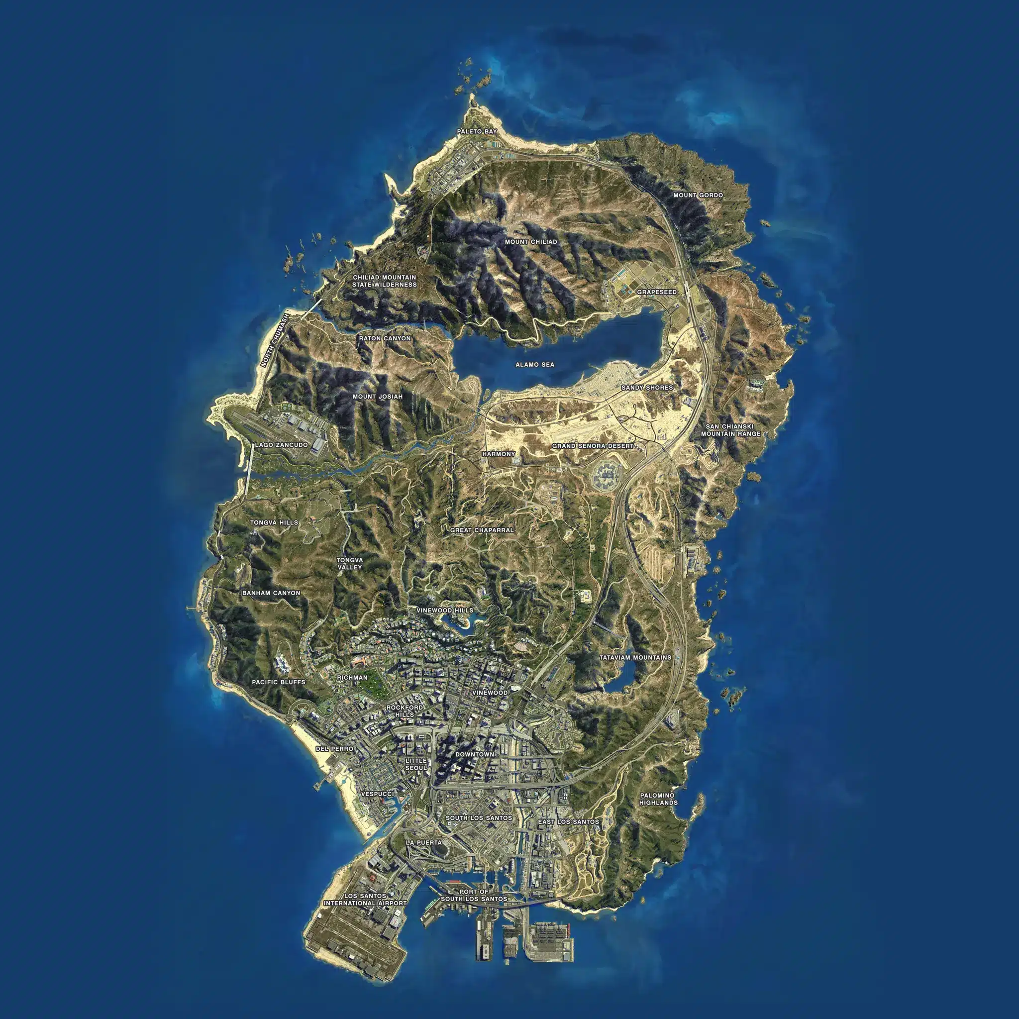 Mapa oficial do estado de San Andreas do GTA 5.
