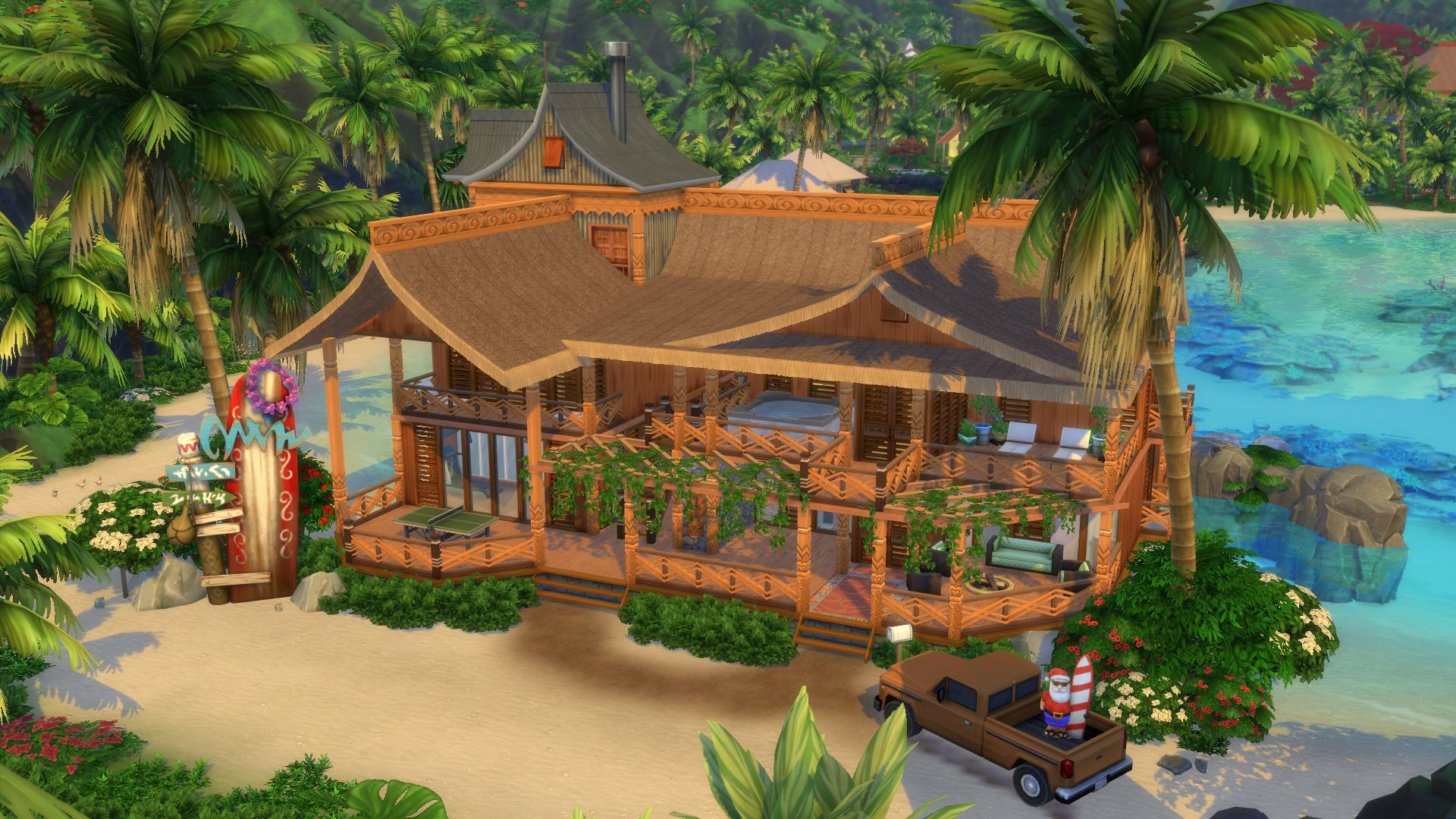 Imagem de uma casa criada com o conte&uacute;do da DLC "The Sims 4: Ilhas Tropicais". Introduzindo expans&otilde;es de The Sims 4.