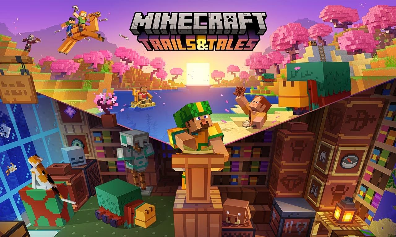 Imagem de lan&ccedil;amento da atualiza&ccedil;&atilde;o Minecraft: Trails & Tales. Introduzindo quais s&atilde;o os animais e itens mais raros do Minecraft.