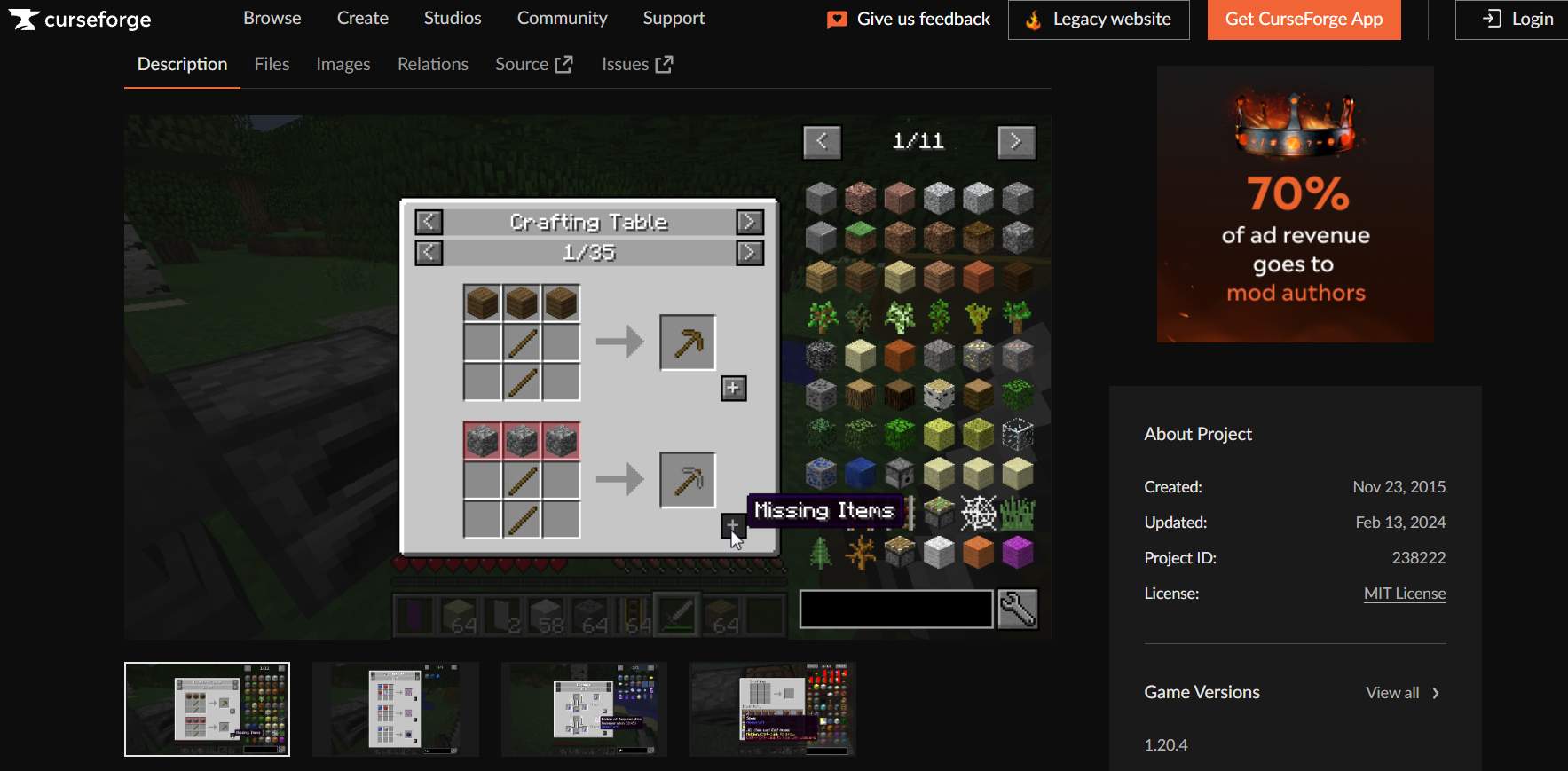 Imagem do mod Just Enough Items (JEI), Minecraft Mods. (Divulga&ccedil;&atilde;o / Internet)