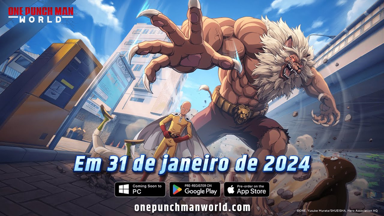 Foto oficial de lan&ccedil;amento de One Punch Man World.
