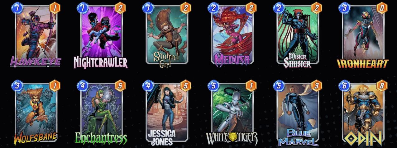 Imagem das cartas que comp&otilde;em o deck Pool 1 Ao Revelar de Marvel Snap.