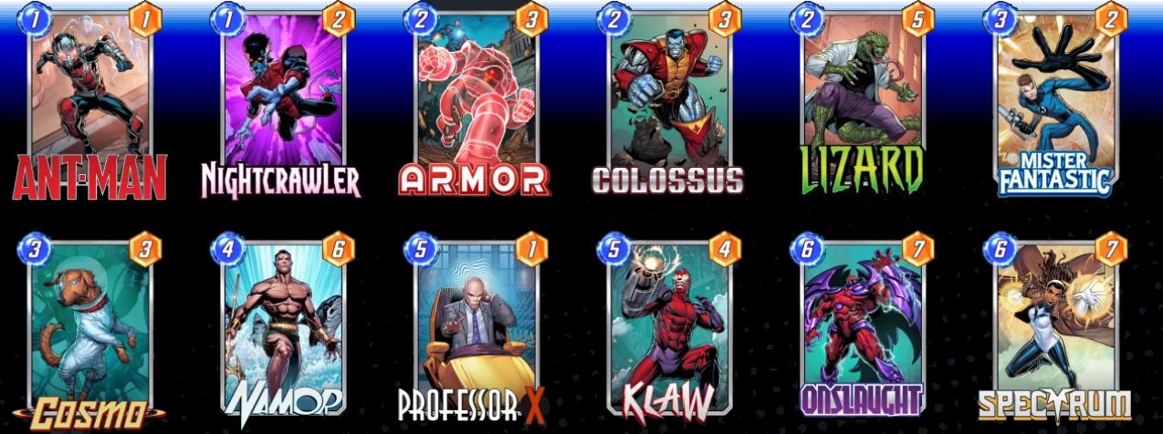 Foto das cartas que fazem parte do deck "Constante Pool 1" em Marvel Snap.