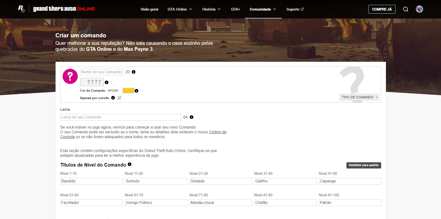 Interface da cria&ccedil;&atilde;o de Comandos no site oficial de GTA 5 Online.
