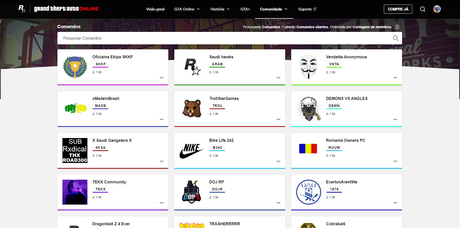 Interface da entrada de jogadores em comandos no site oficial de GTA 5 Online.