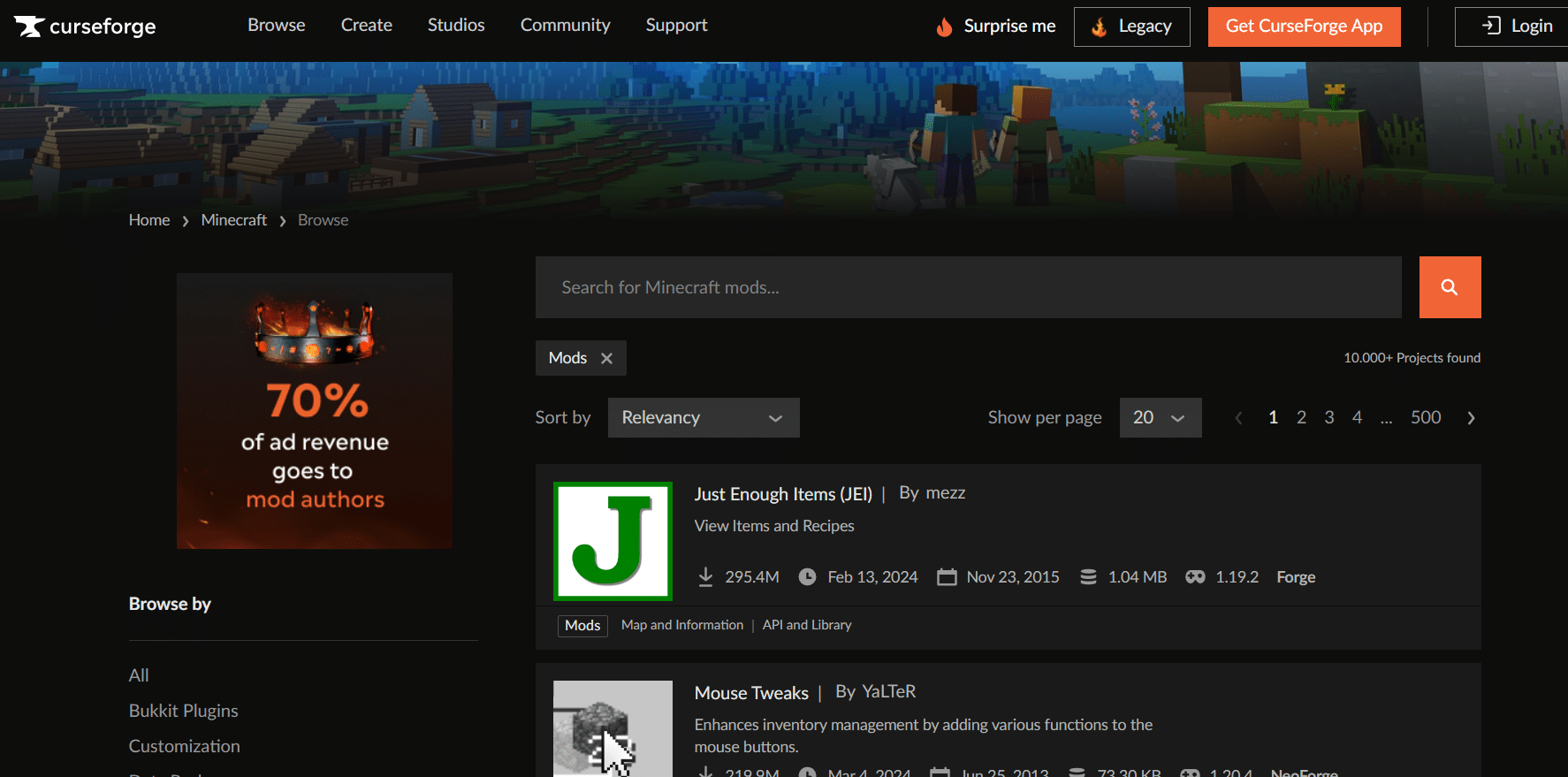 Imagem da interface do site CurseForge. (Divulga&ccedil;&atilde;o / Internet)