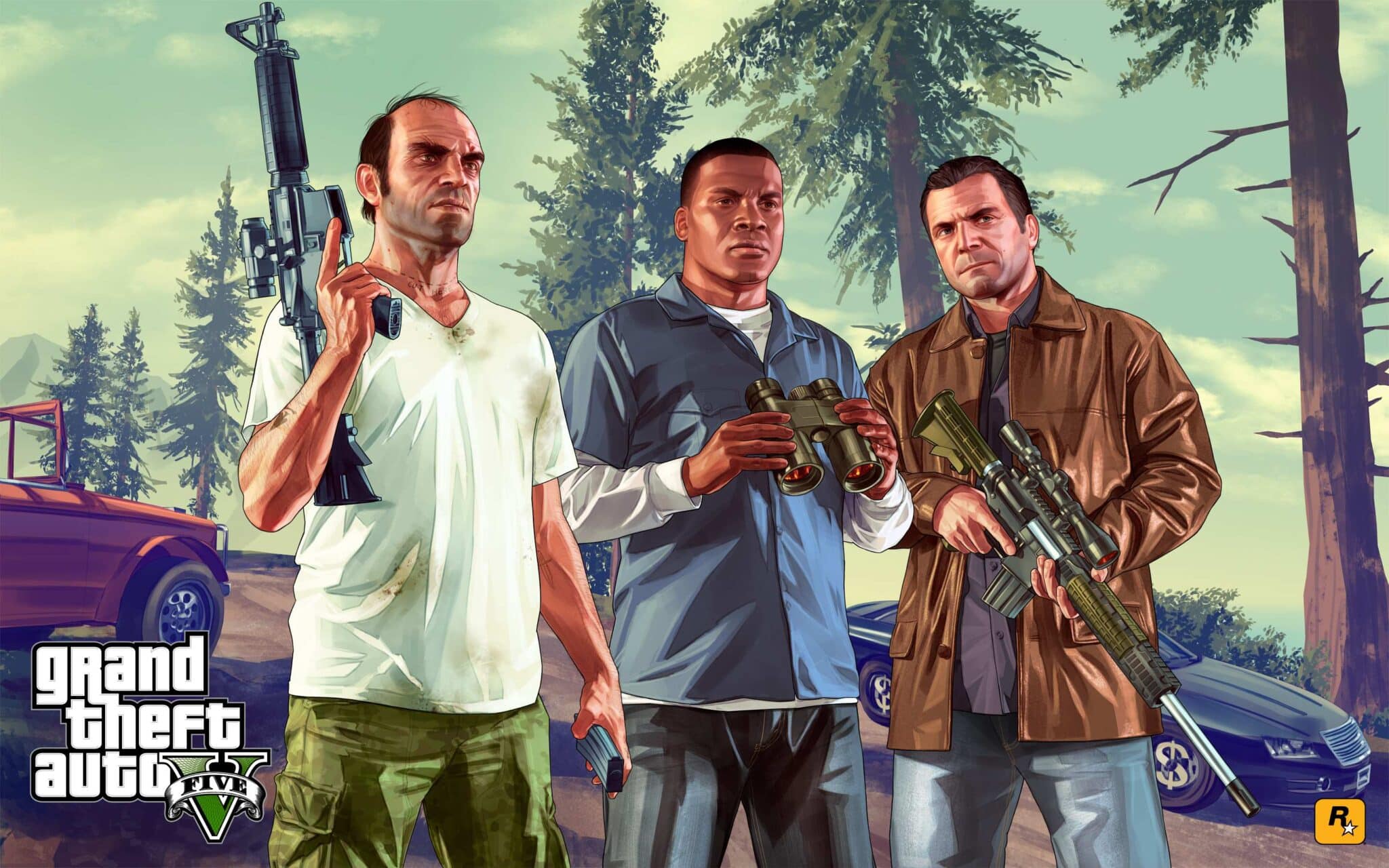 Foto oficial dos tr&ecirc;s protagonistas de GTA 5.