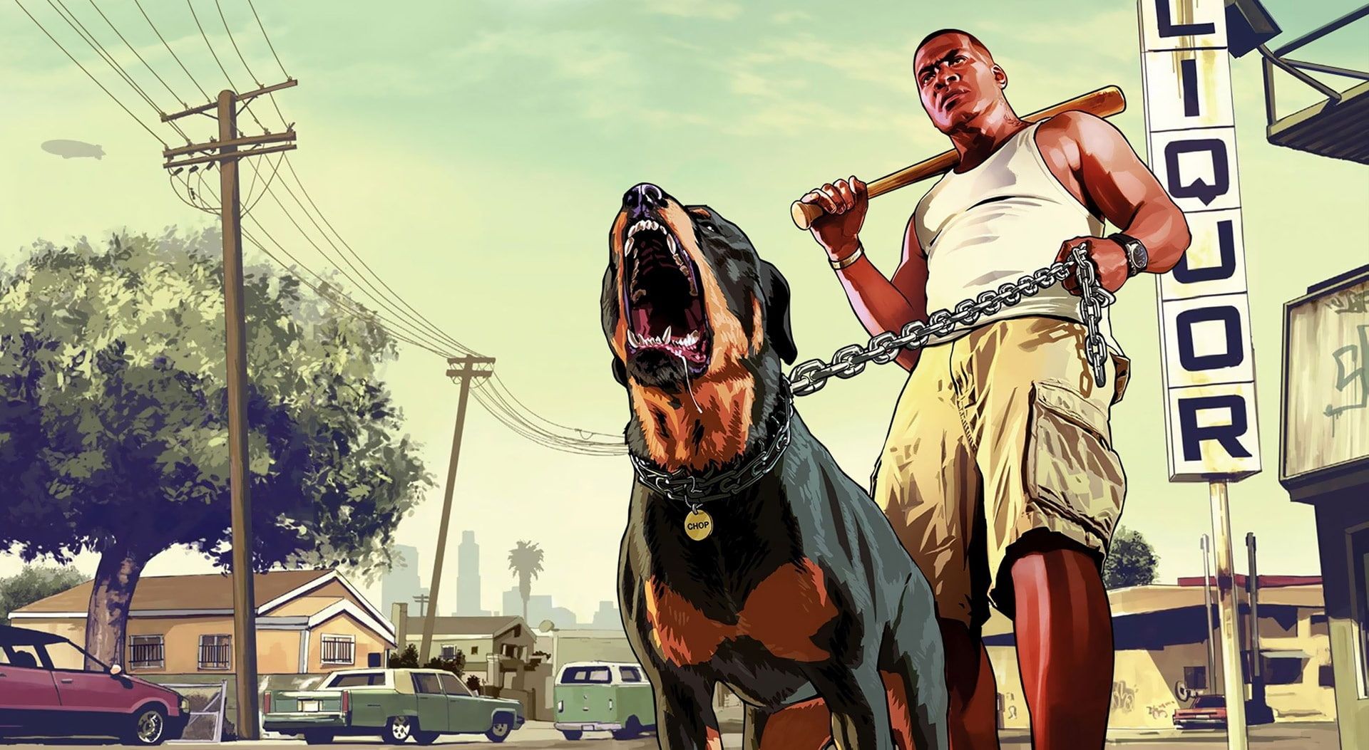 Imagem de Franklin do GTA 5 e seu cachorro, Chop.