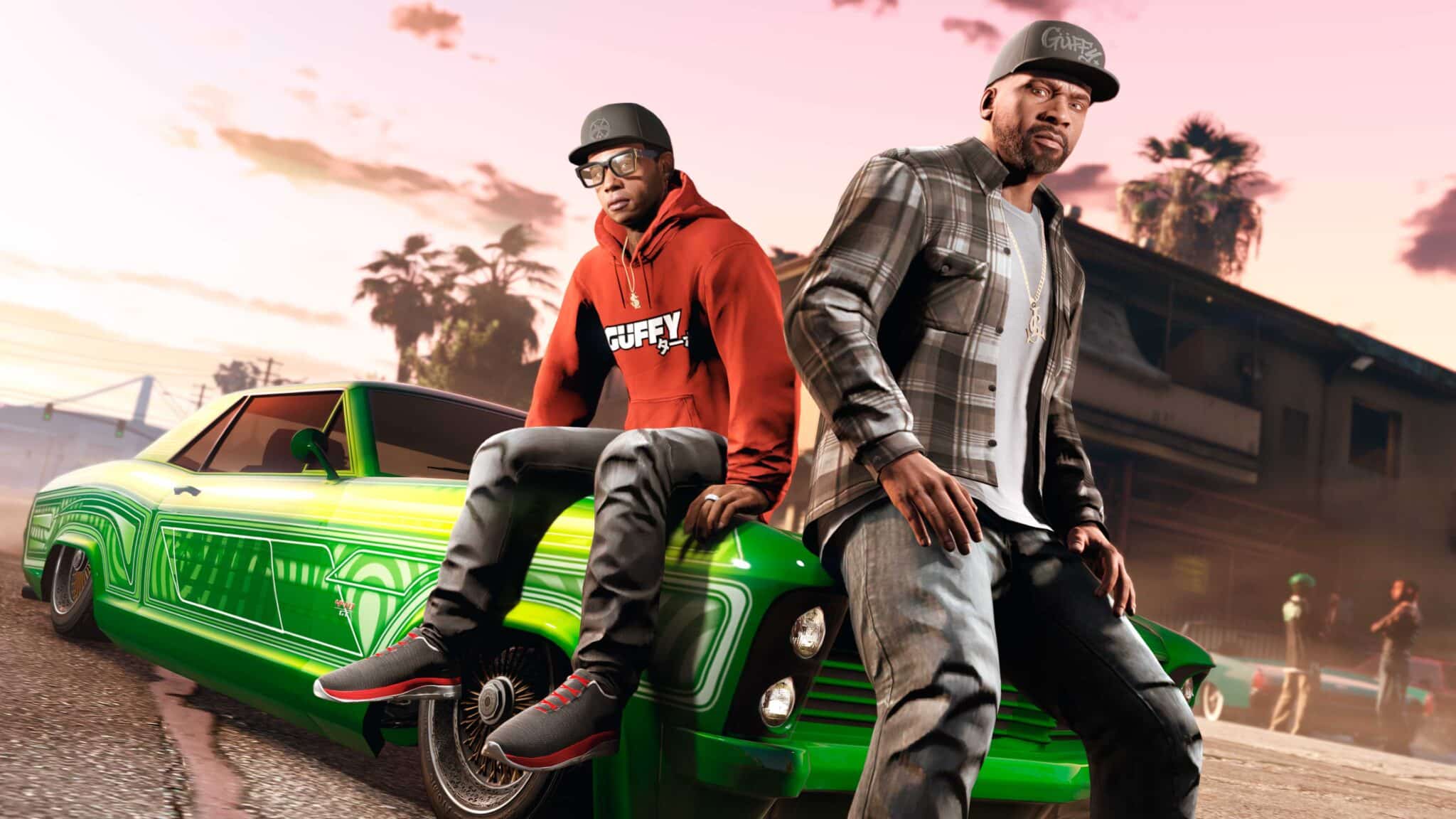 Imagem de Franklin e Lamar em uma DLC de GTA 5, em 2021. Franklin do gta 5