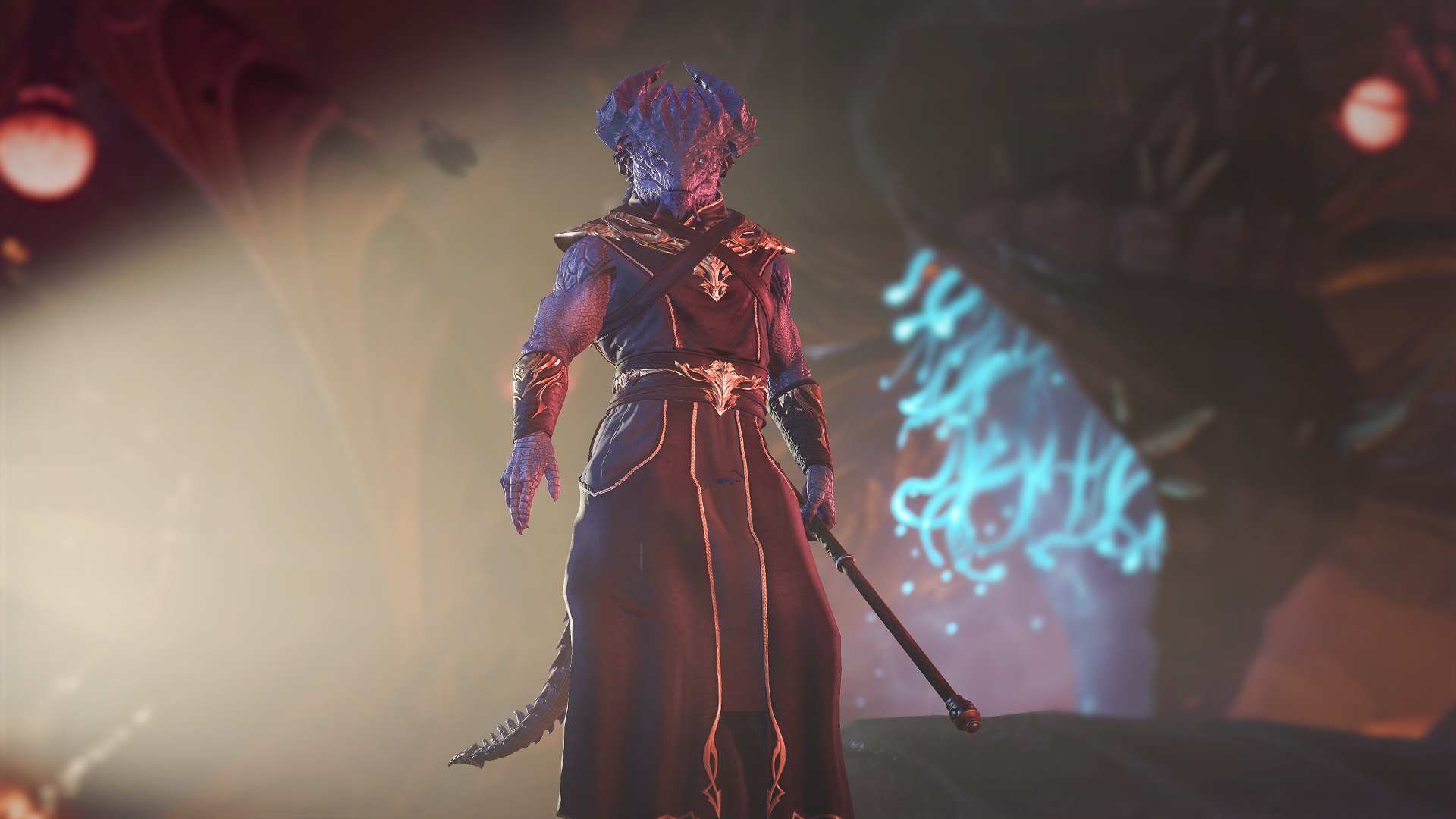 Imagem de um feiticeiro drag&atilde;o em BG3.