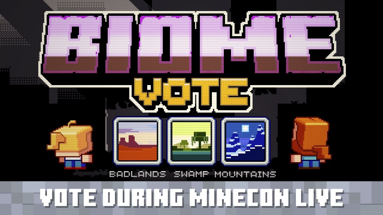 Imagem da Biome Chooser de 2019, apresentando tr&ecirc;s novos biomas exclusivos: Badlands, P&acirc;ntano e Montanhas.