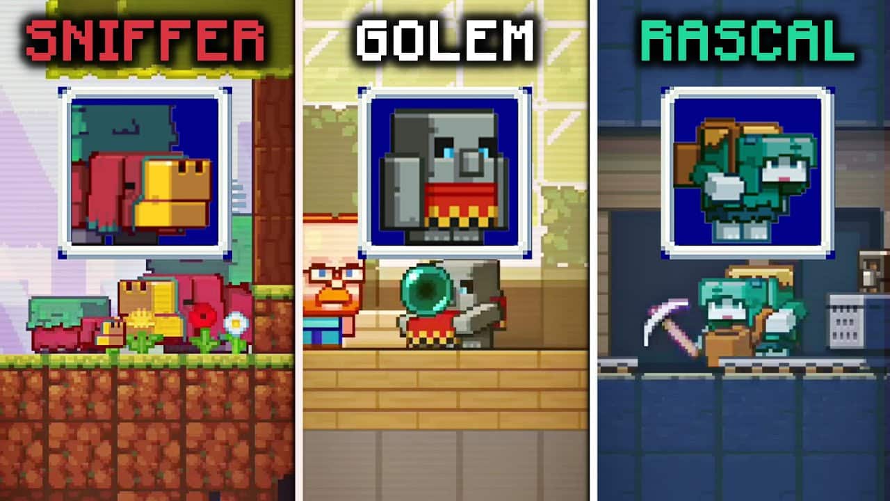 Imagem da Mob Vote de 2022, apresentando tr&ecirc;s novos mobs aos jogadores: Sniffer, Golem e Rascal.