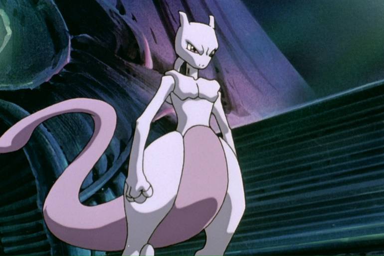 Imagem do lend&aacute;rio Mewtwo em cena no pr&oacute;prio anime.