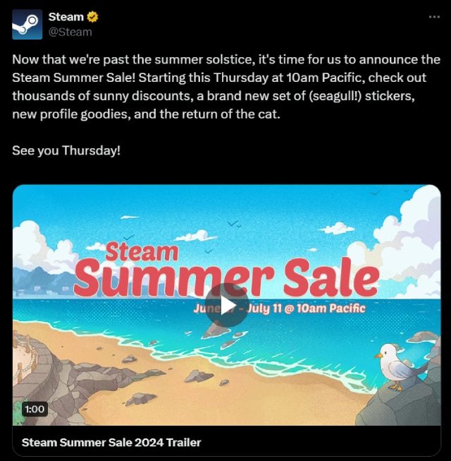 Screenshot da publica&ccedil;&atilde;o da Steam sobre a Summer Sale 2024